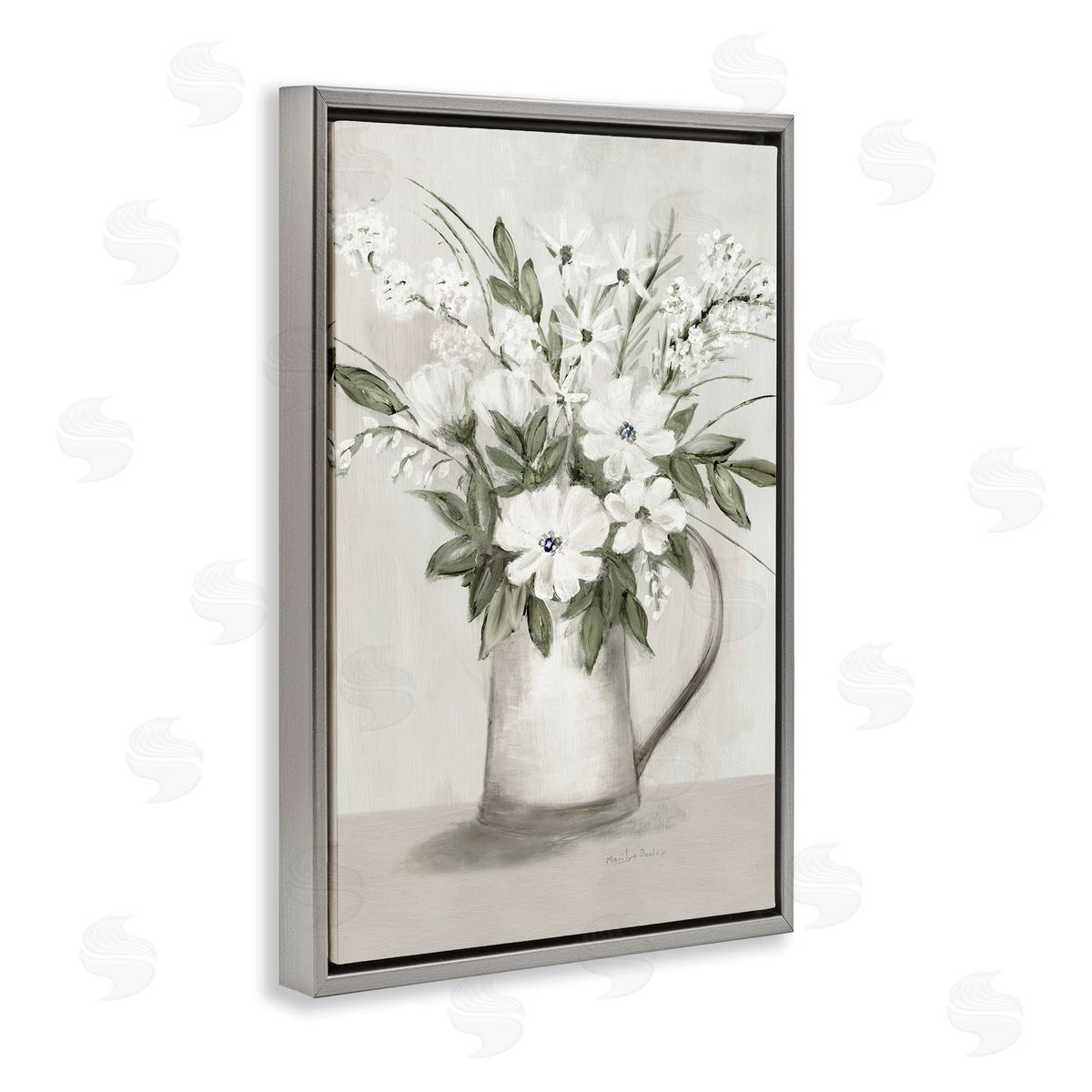 Country Pitcher Bouquet Grey Floating Frame Canvas Wall Art, Home Decor by Marilyn Dunlap