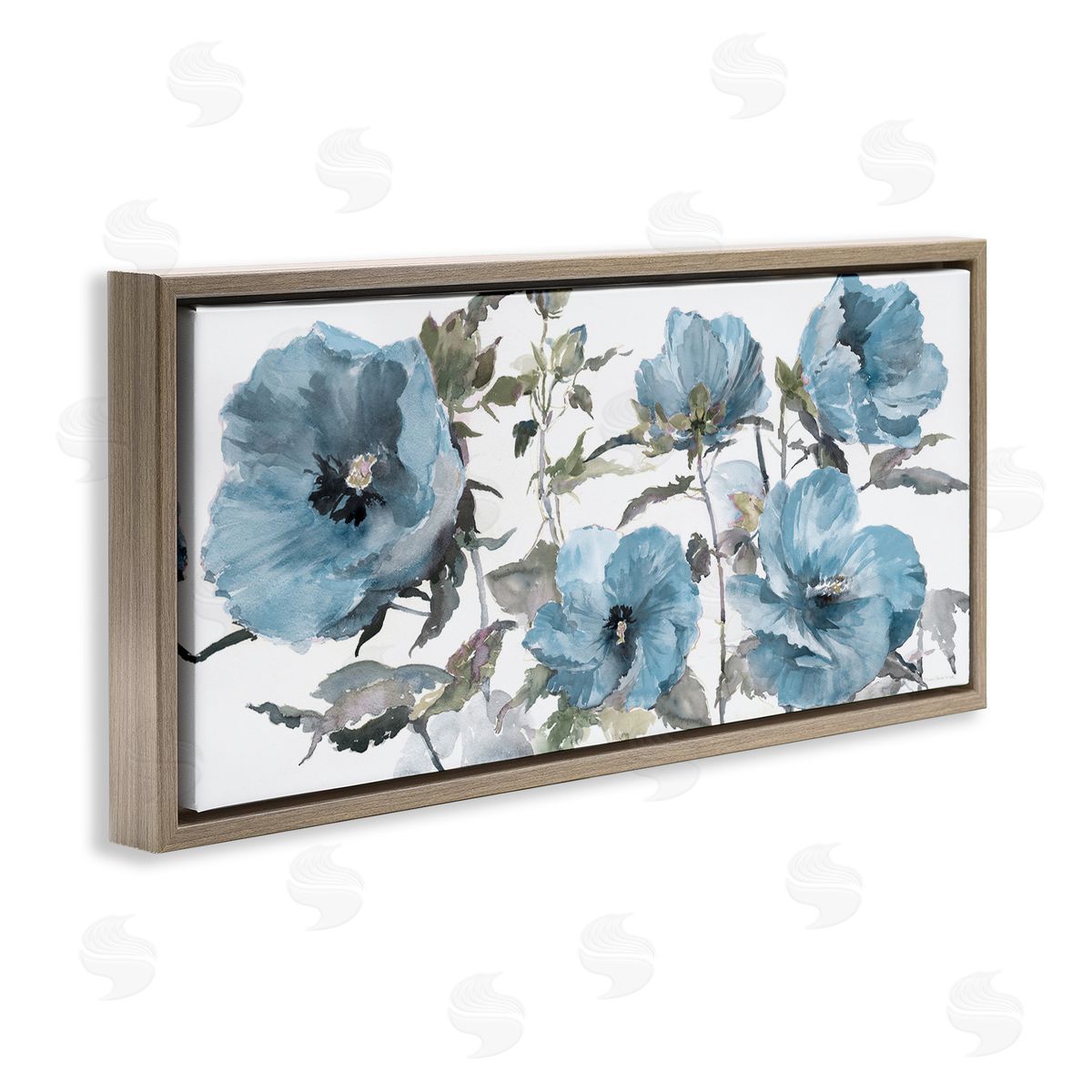 Blue Poppies on White Brown Floating Frame Canvas Wall Art, Home Decor by Theresa Heidel