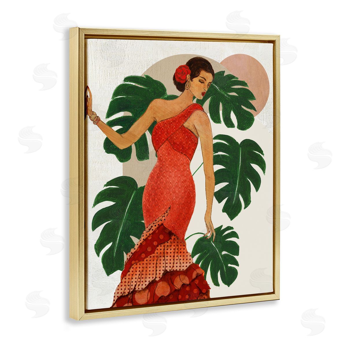 Fashionable Woman with Leaves Gold Floating Frame Canvas Wall Art, Home Decor by Janet Tava