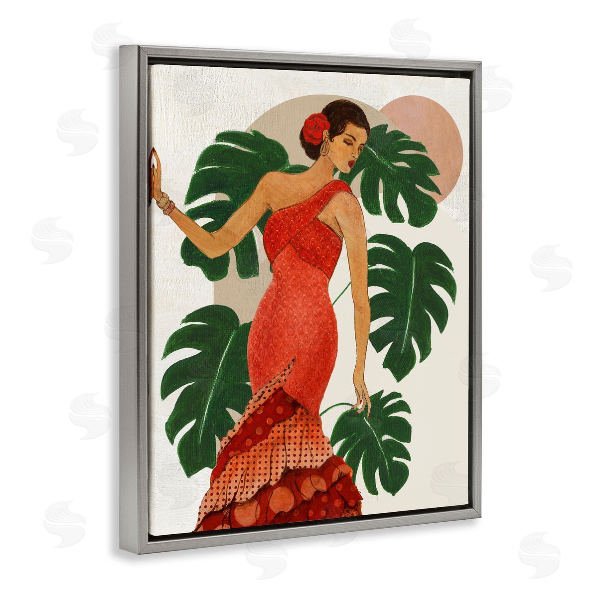 Fashionable Woman with Leaves Grey Floating Frame Canvas Wall Art, Home Decor by Janet Tava