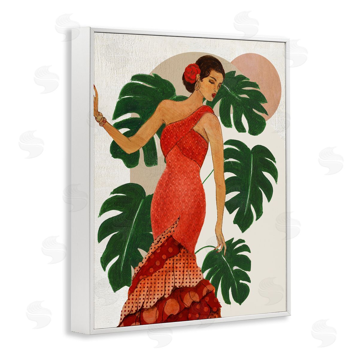 Fashionable Woman with Leaves White Frame Print Wall Art, Home Decor by Janet Tava