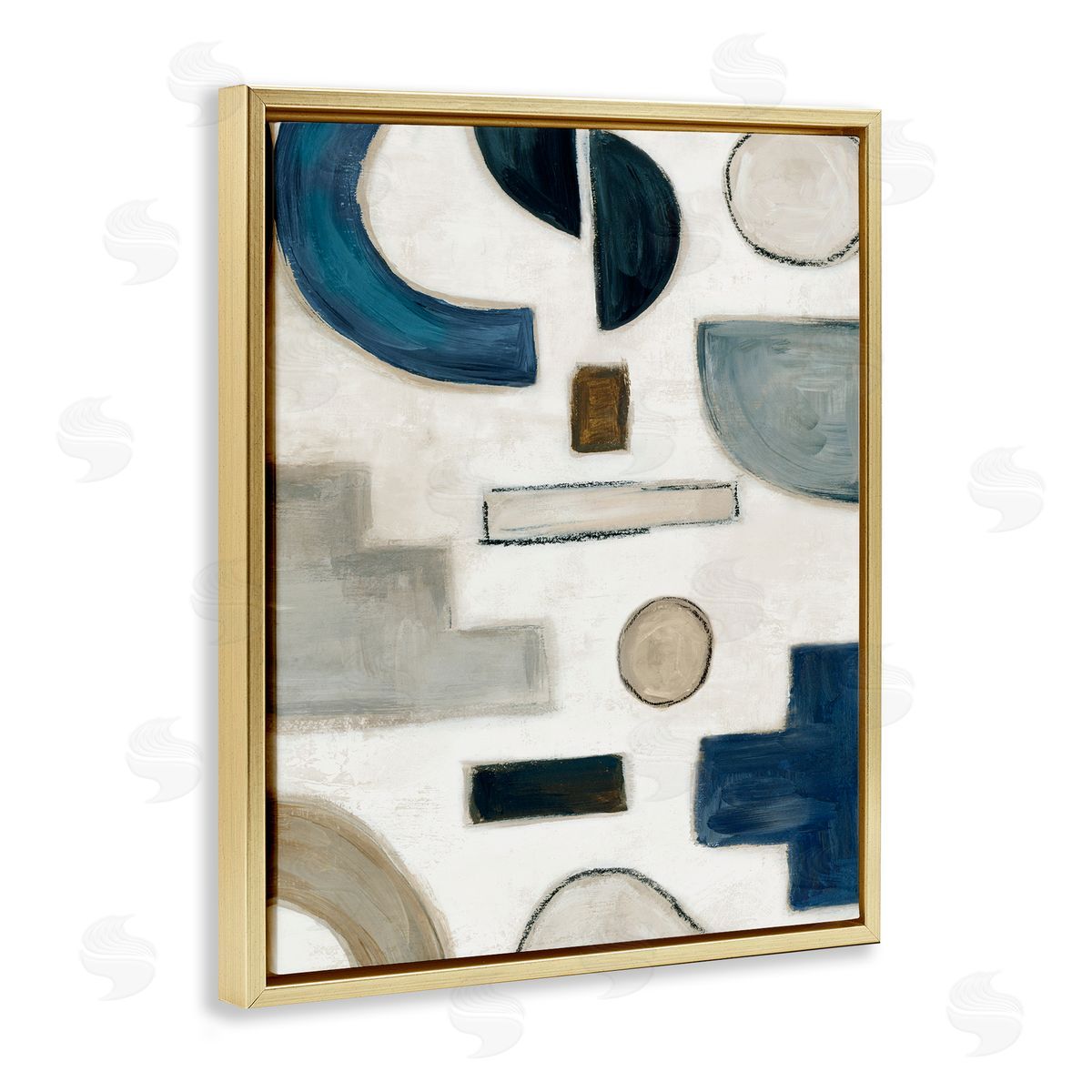 Neutral Shapes Blue & Beige Gold Floating Frame Canvas Wall Art, Home Decor by Emma Peal