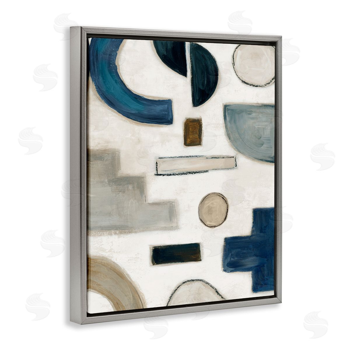 Neutral Shapes Blue & Beige Grey Floating Frame Canvas Wall Art, Home Decor by Emma Peal