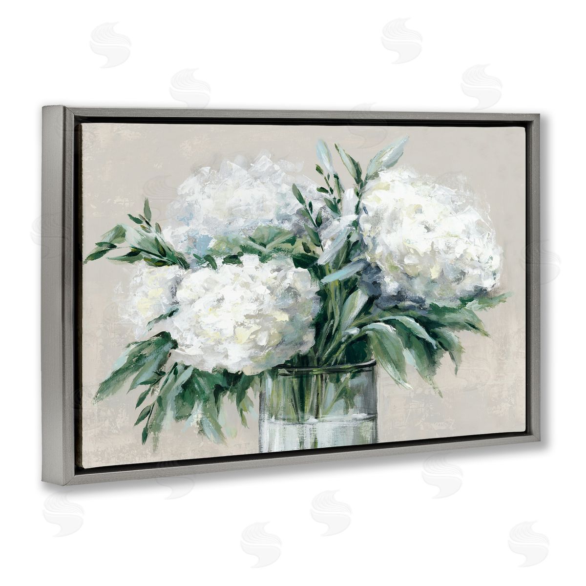 Full Hydrangeas in White Grey Floating Frame Canvas Wall Art, Home Decor by Alex Black