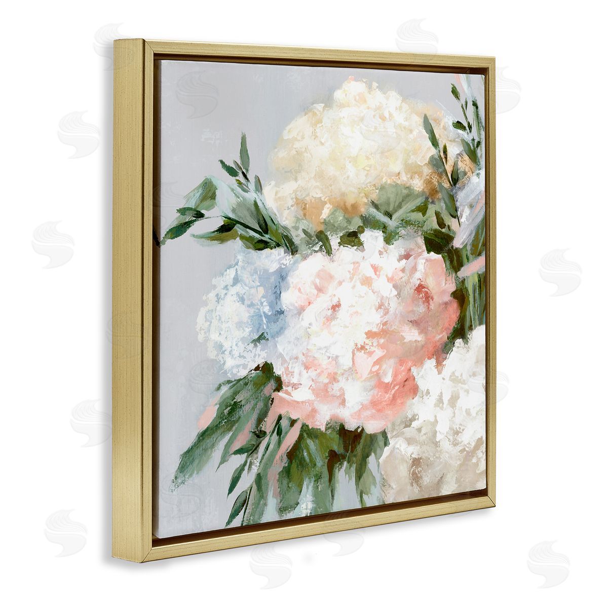 Pastel Hydrangea Blossoms Gold Floating Frame Canvas Wall Art, Home Decor by Alex Black