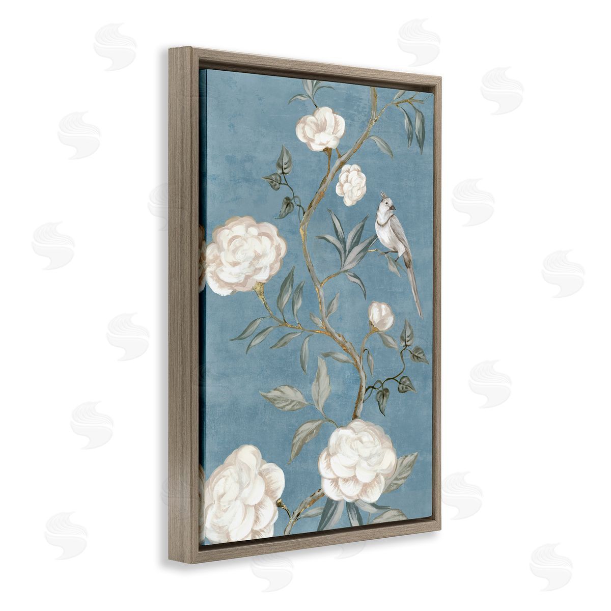 Bird on Traditional Florals Brown Floating Frame Canvas Wall Art, Home Decor by Alex Black