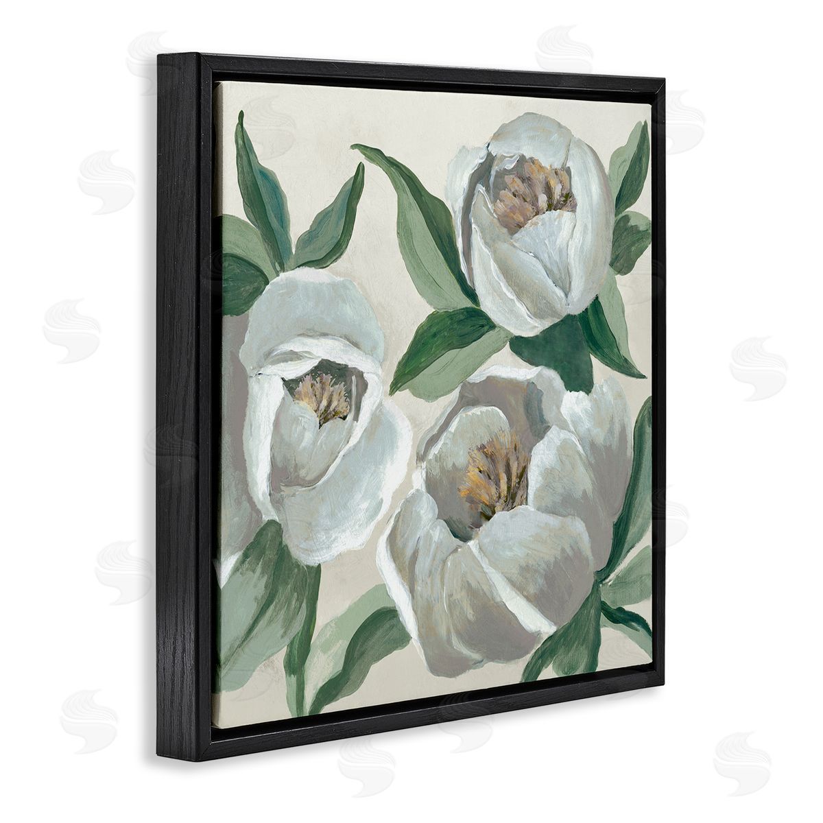 Round White Peonies Black Floating Frame Canvas Wall Art, Home Decor by Jacob Q