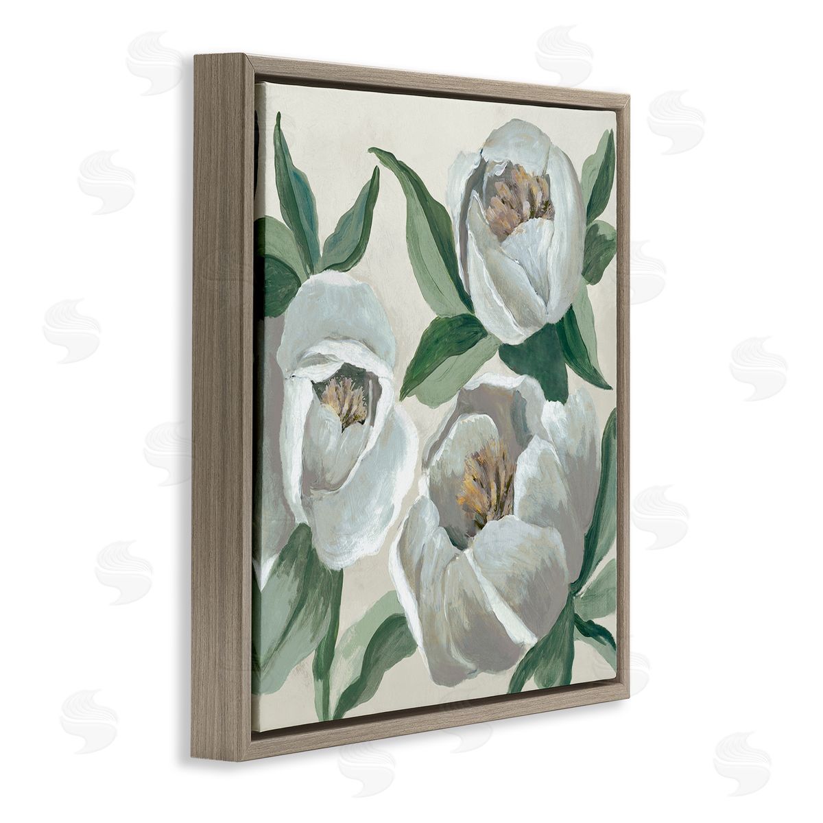 Round White Peonies Brown Floating Frame Canvas Wall Art, Home Decor by Jacob Q