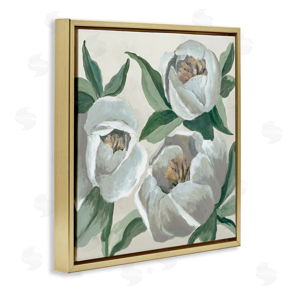 Round White Peonies Gold Floating Frame Canvas Wall Art, Home Decor by Jacob Q