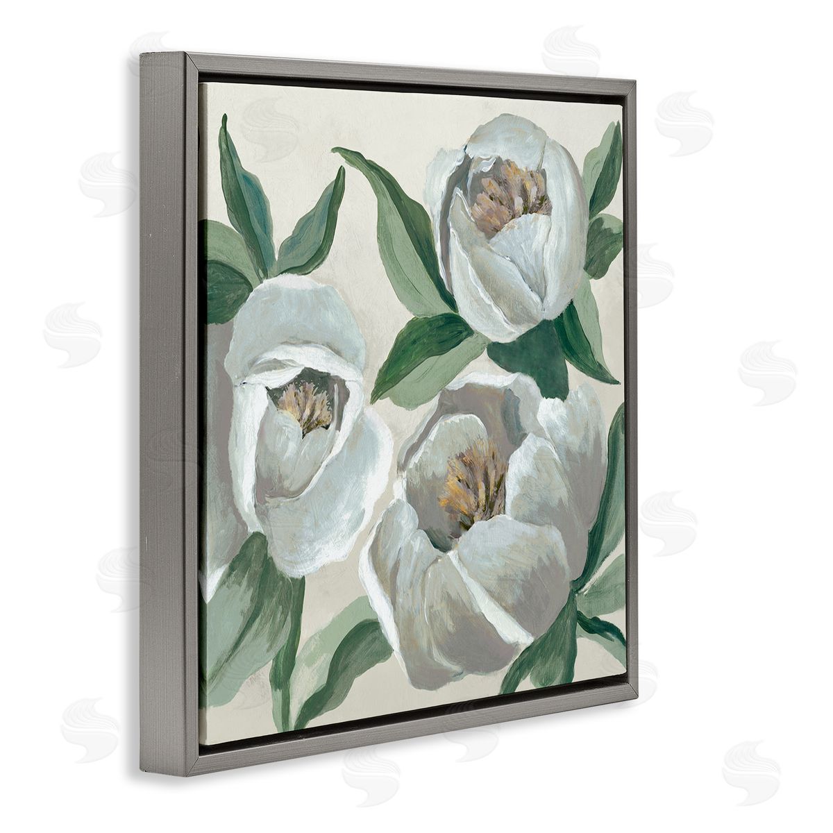 Round White Peonies Grey Floating Frame Canvas Wall Art, Home Decor by Jacob Q