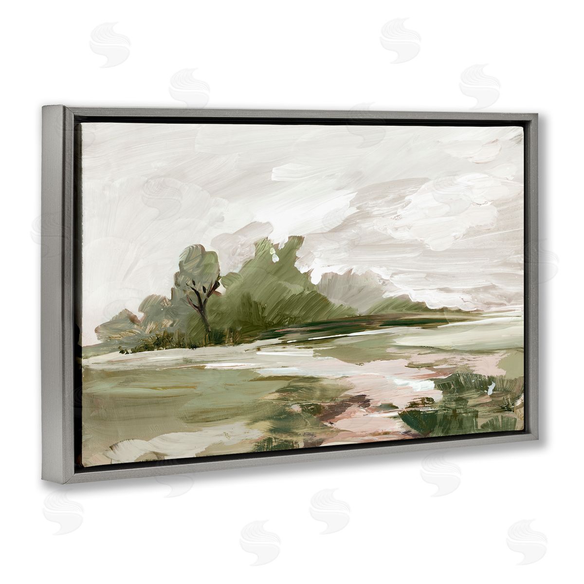 Countryside with Distant Trees Grey Floating Frame Canvas Wall Art, Home Decor by Lera