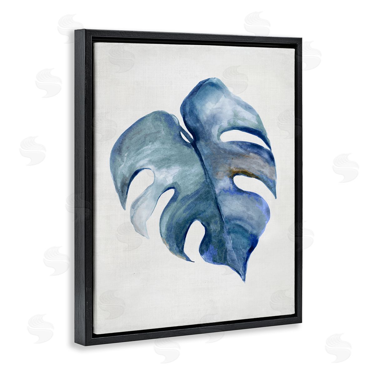 Blue Monstera Leaf Black Floating Frame Canvas Wall Art, Home Decor by Hannah Dawson