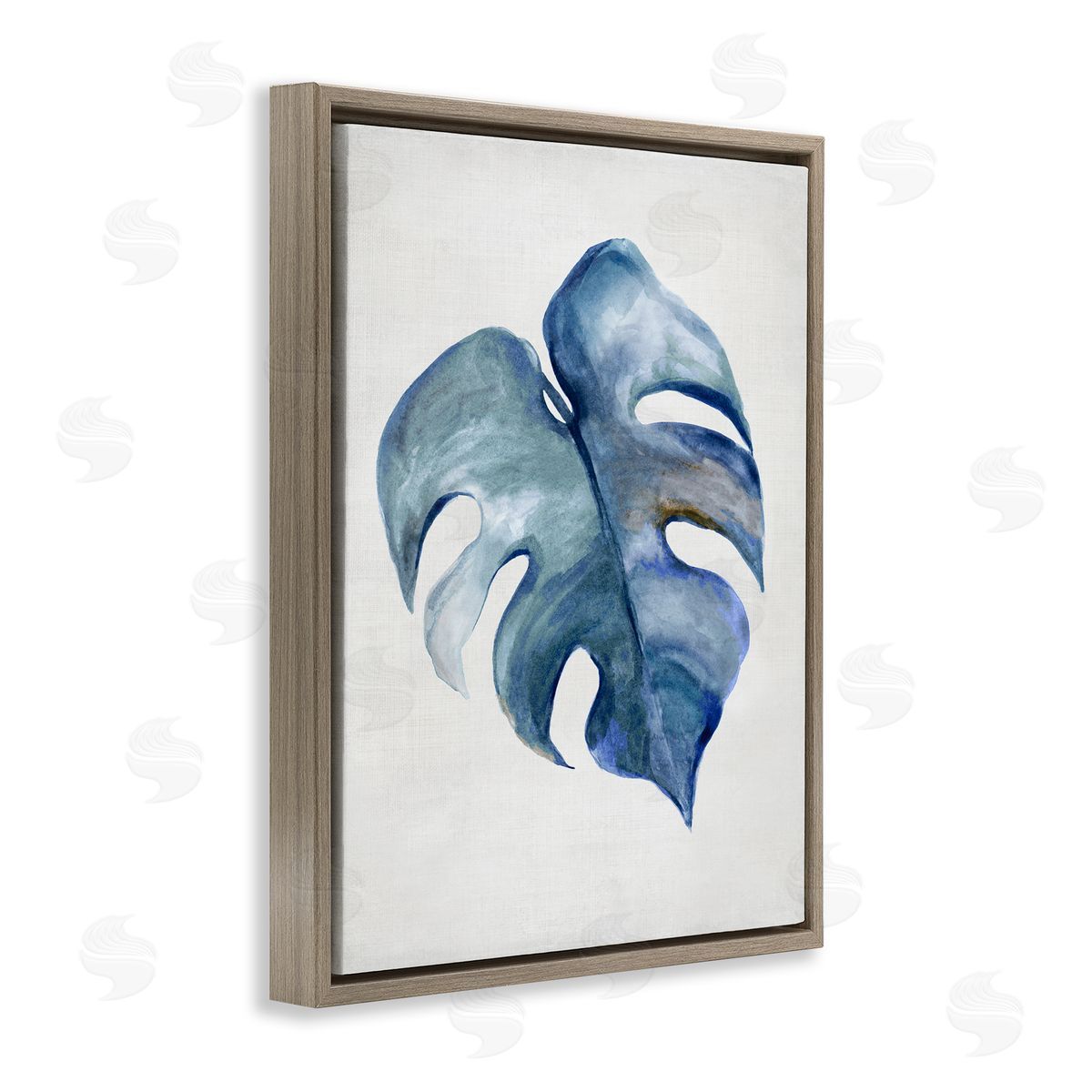 Blue Monstera Leaf Brown Floating Frame Canvas Wall Art, Home Decor by Hannah Dawson