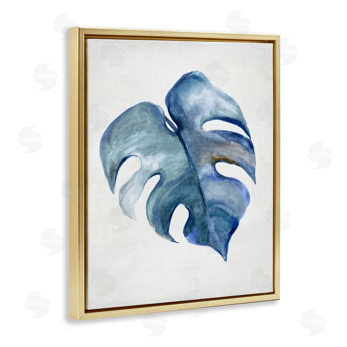 Blue Monstera Leaf Gold Floating Frame Canvas Wall Art, Home Decor by Hannah Dawson