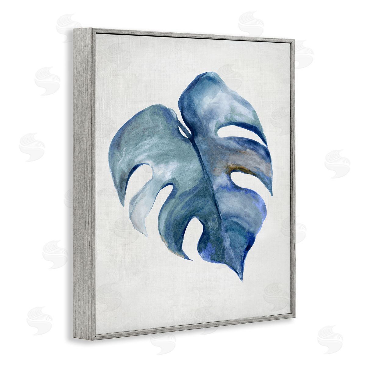 Blue Monstera Leaf Grey Frame Print Wall Art, Home Decor by Hannah Dawson