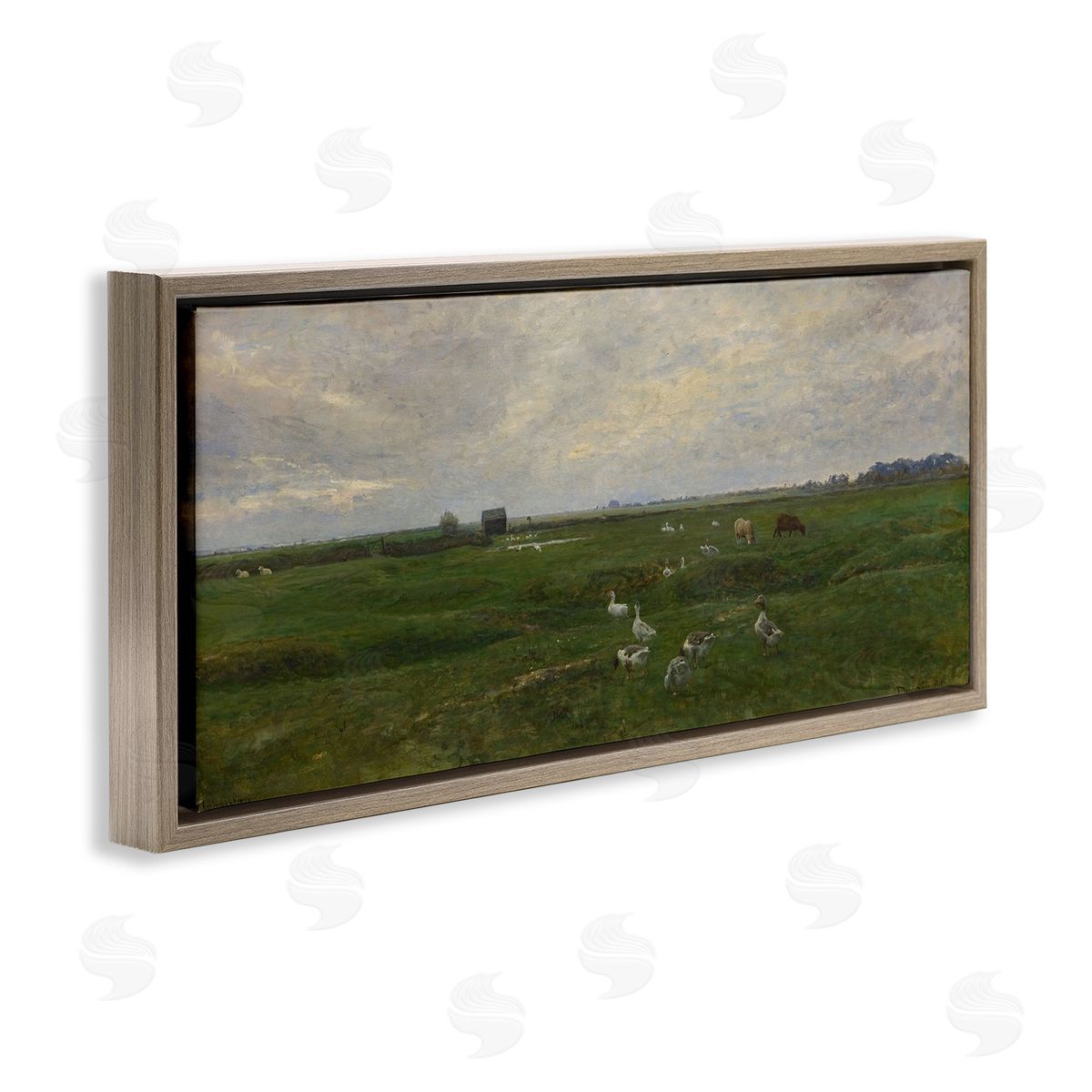 Grazing Ducks & Horses Brown Floating Frame Canvas Wall Art, Home Decor by Grace Popp