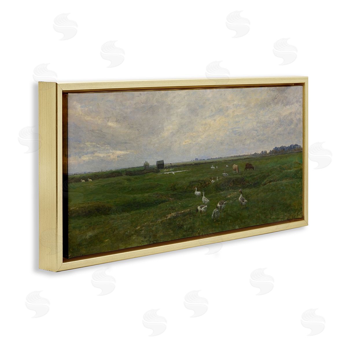 Grazing Ducks & Horses Gold Floating Frame Canvas Wall Art, Home Decor by Grace Popp