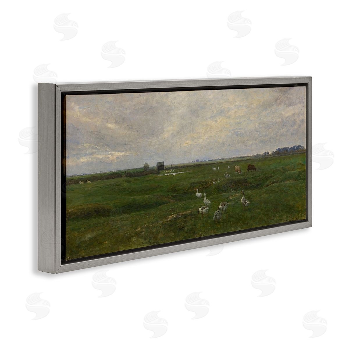 Grazing Ducks & Horses Grey Floating Frame Canvas Wall Art, Home Decor by Grace Popp