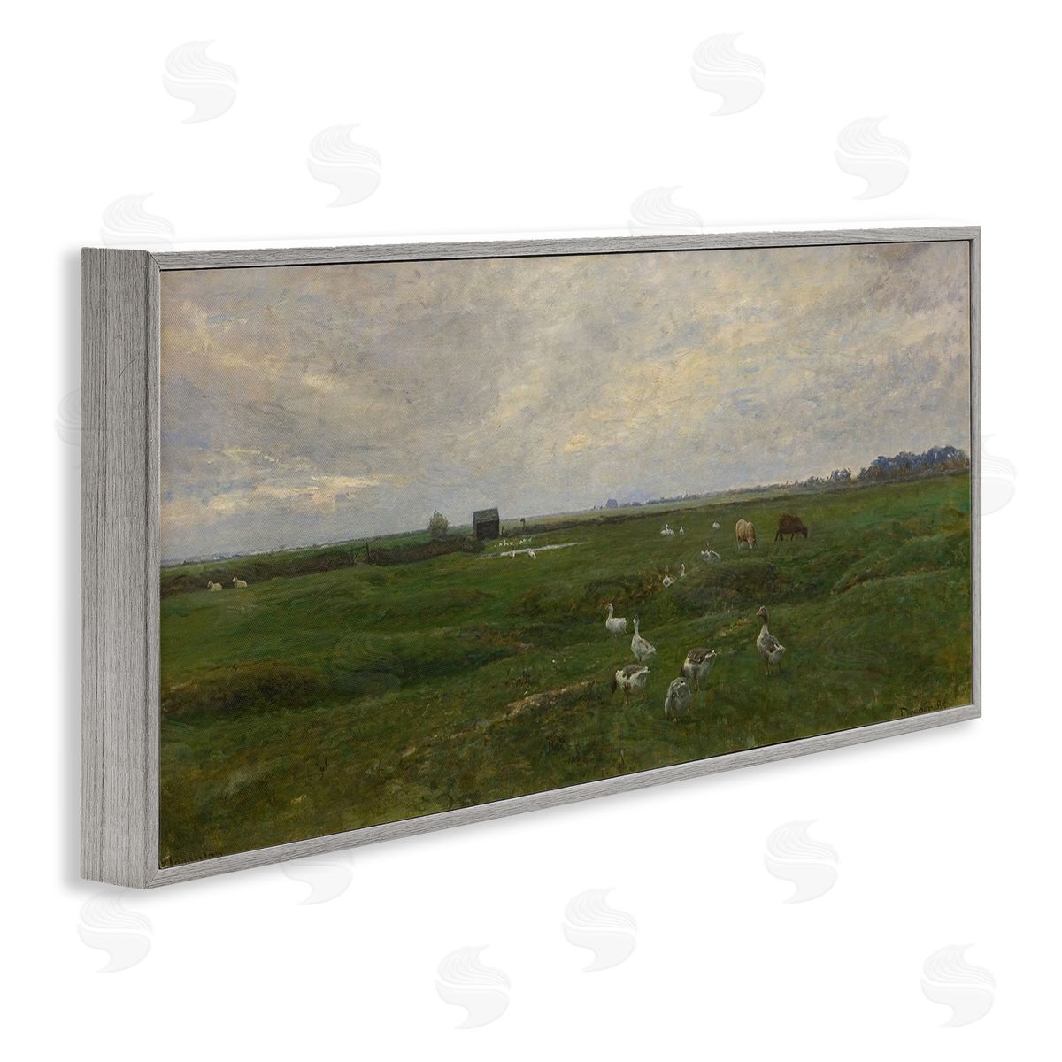 Grazing Ducks & Horses Grey Frame Print Wall Art, Home Decor by Grace Popp