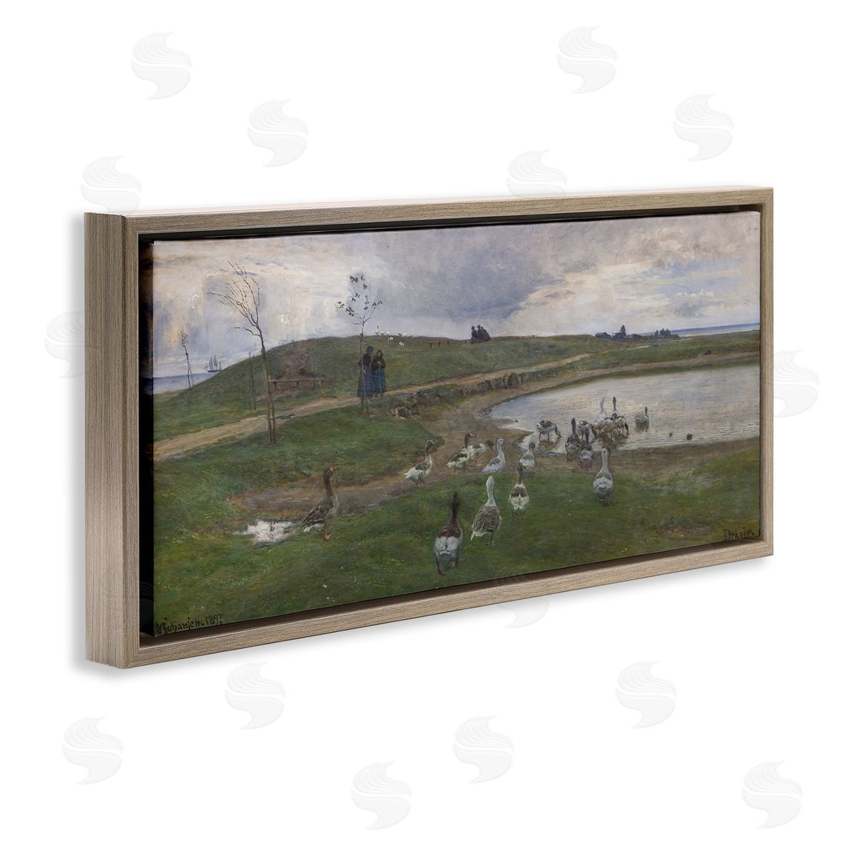 Ducks Wading in Pond Brown Floating Frame Canvas Wall Art, Home Decor by June Erica Vess