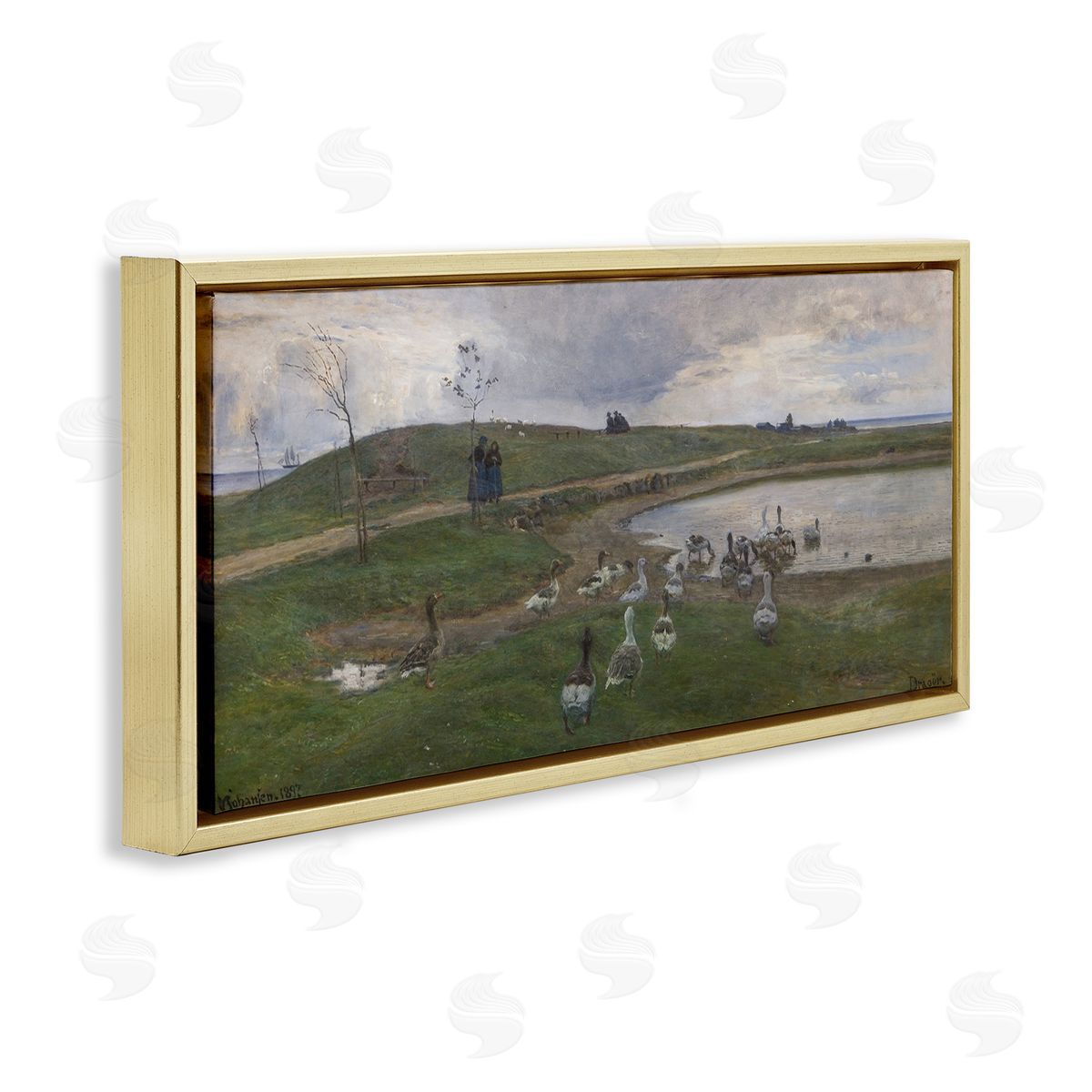 Ducks Wading in Pond Gold Floating Frame Canvas Wall Art, Home Decor by June Erica Vess