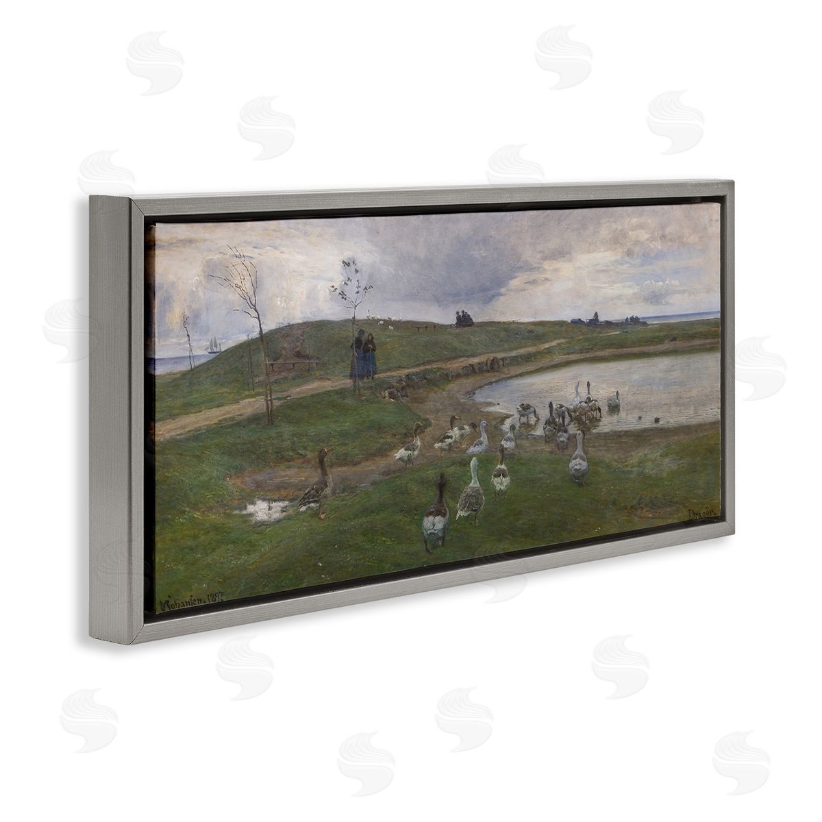 Ducks Wading in Pond Grey Floating Frame Canvas Wall Art, Home Decor by June Erica Vess