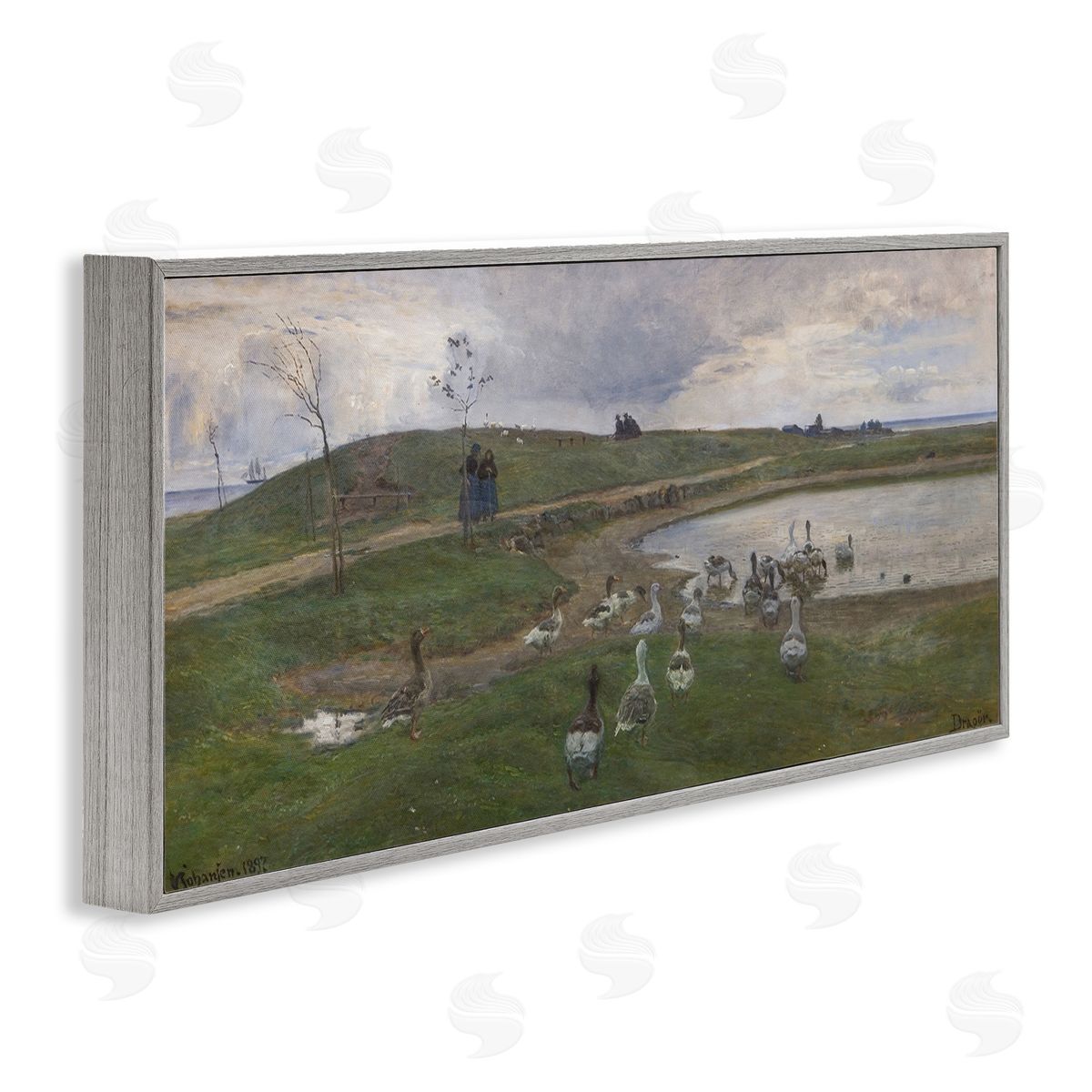 Ducks Wading in Pond Grey Frame Print Wall Art, Home Decor by June Erica Vess