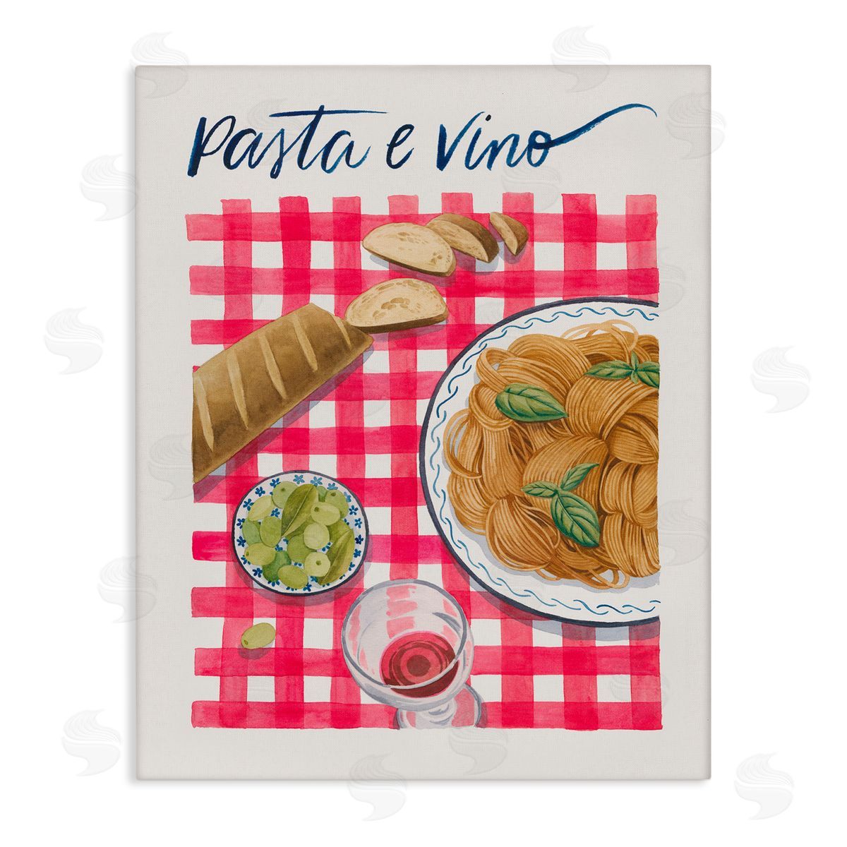 Pasta & Wine on Tartan Canvas Wall Art, Home Decor by Grace Popp