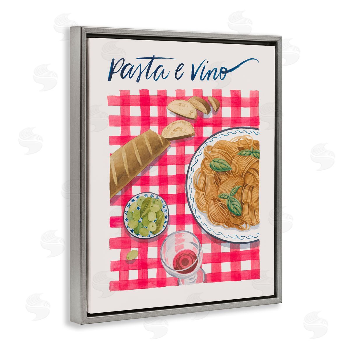 Pasta & Wine on Tartan Grey Floating Frame Canvas Wall Art, Home Decor by Grace Popp