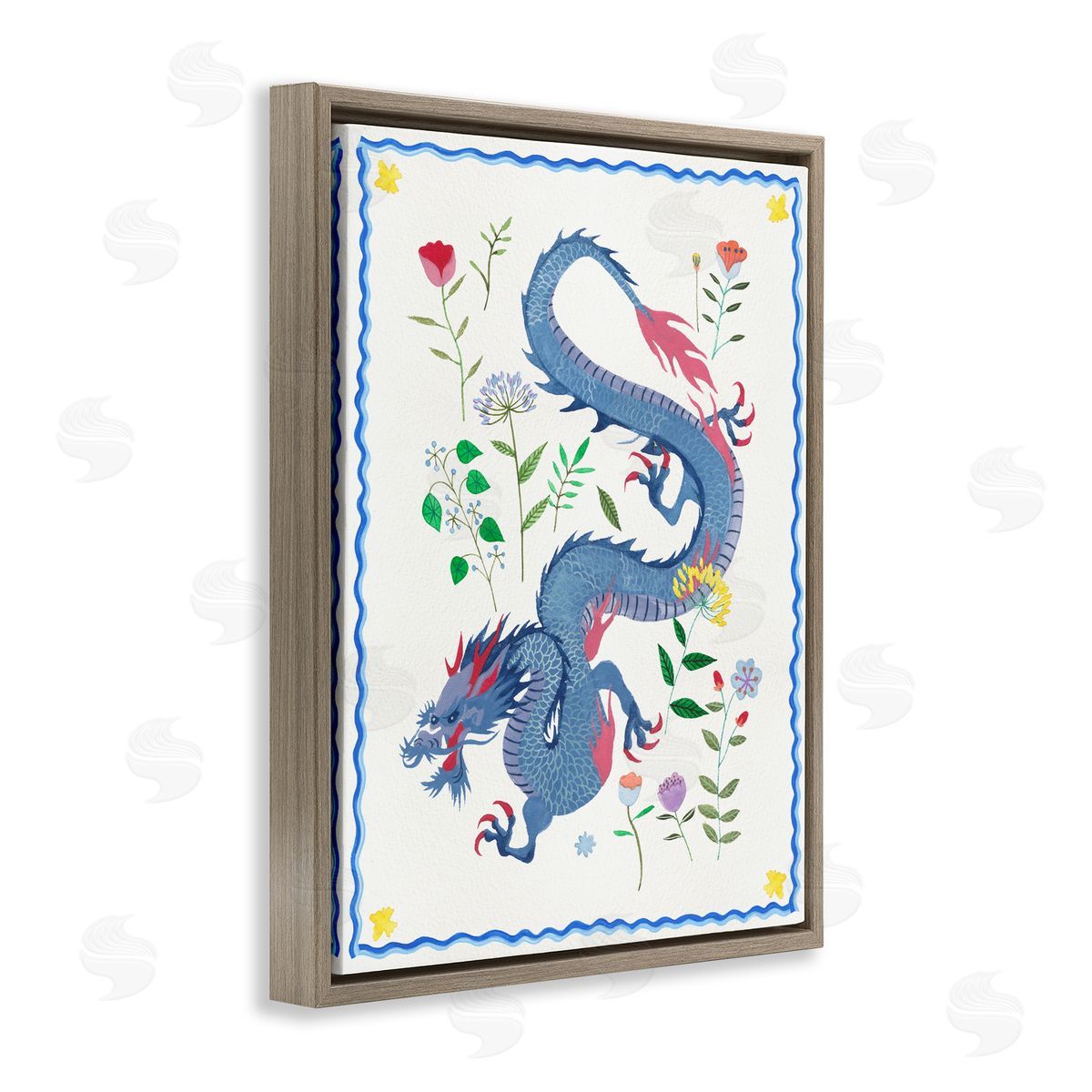 Blue Dragon & Botanicals Brown Floating Frame Canvas Wall Art, Home Decor by Melissa Wang