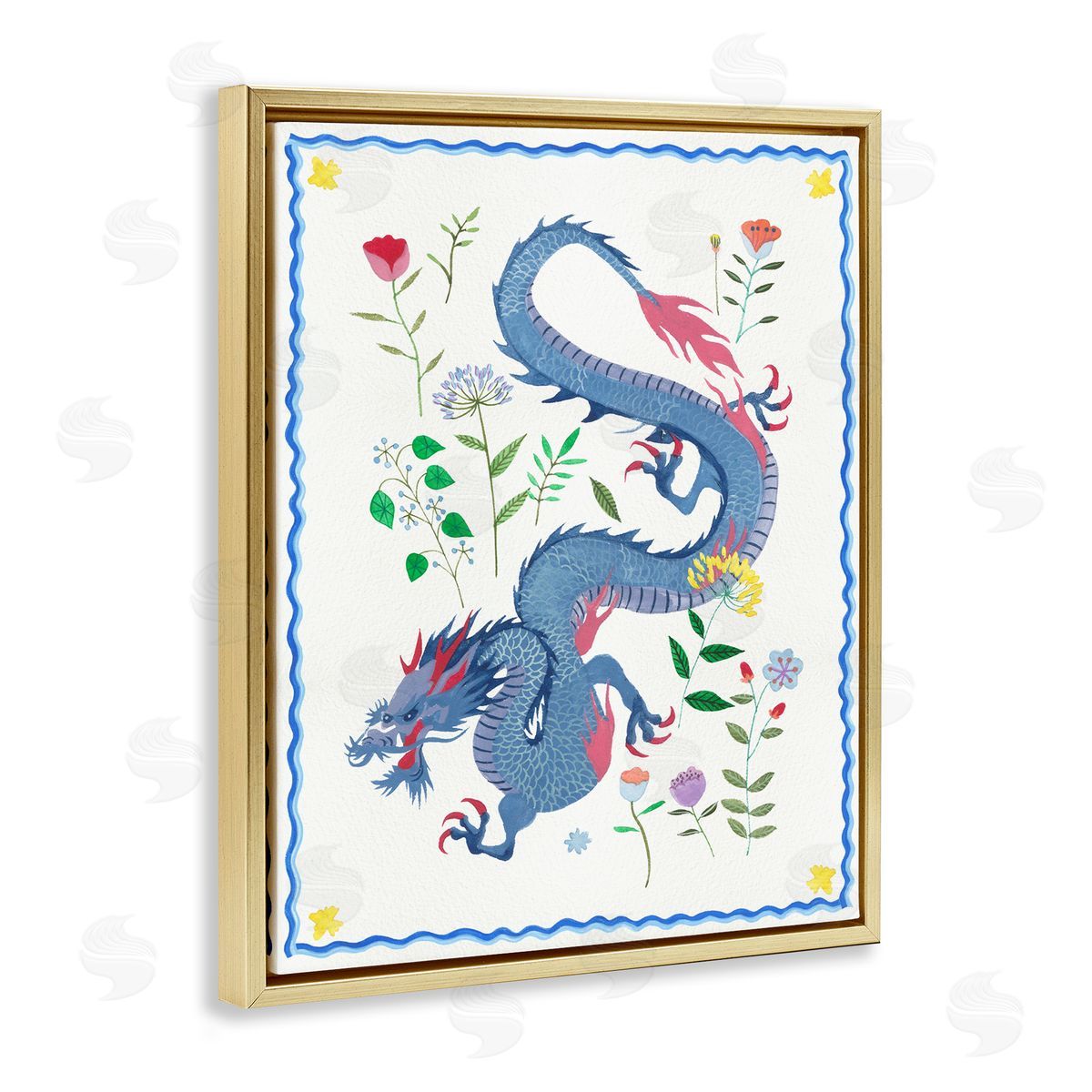 Blue Dragon & Botanicals Gold Floating Frame Canvas Wall Art, Home Decor by Melissa Wang