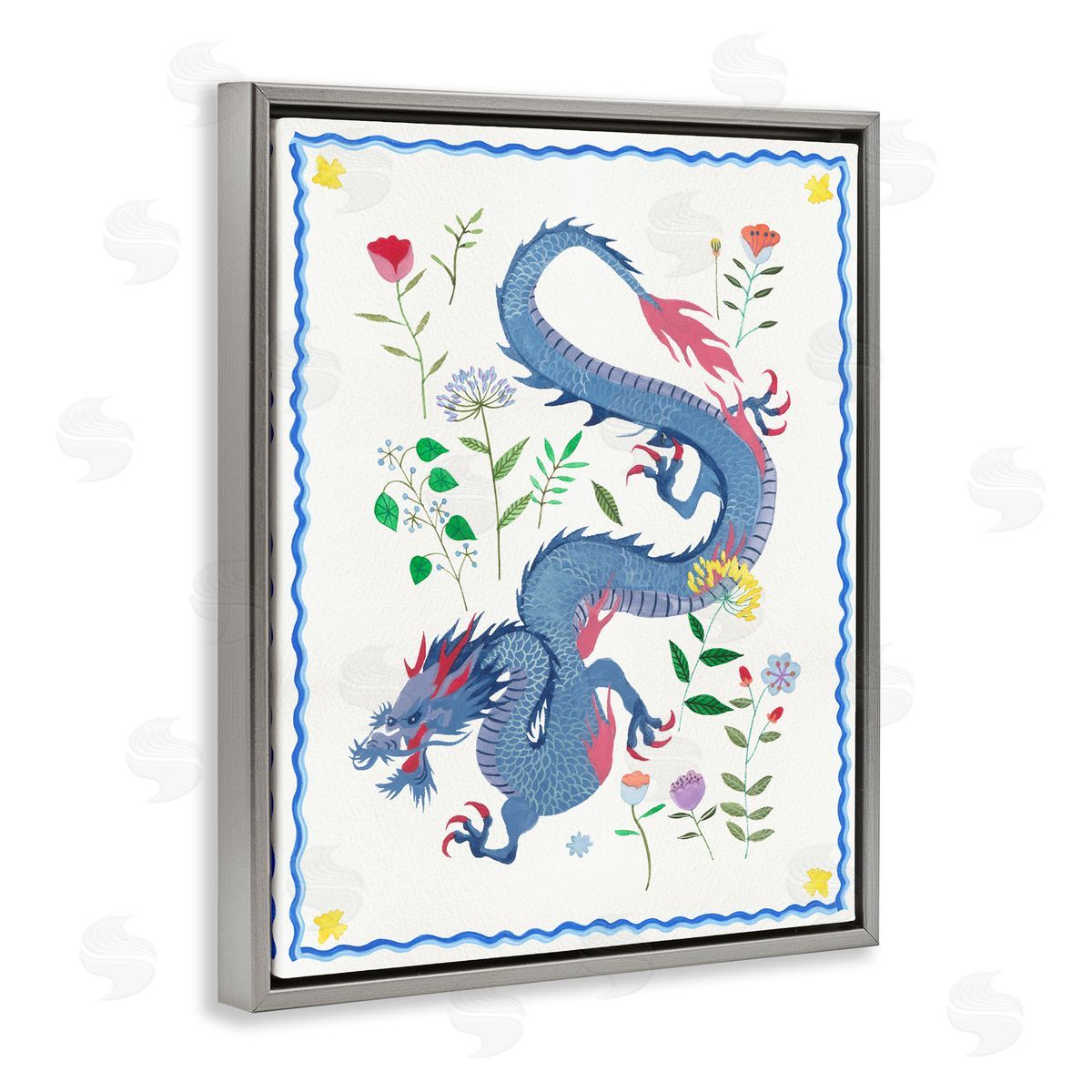 Blue Dragon & Botanicals Grey Floating Frame Canvas Wall Art, Home Decor by Melissa Wang
