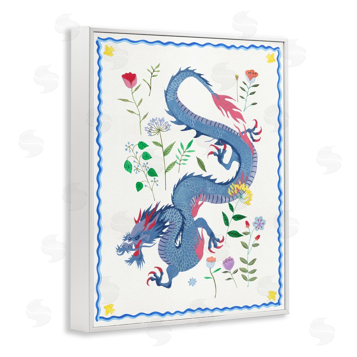 Blue Dragon & Botanicals White Frame Print Wall Art, Home Decor by Melissa Wang