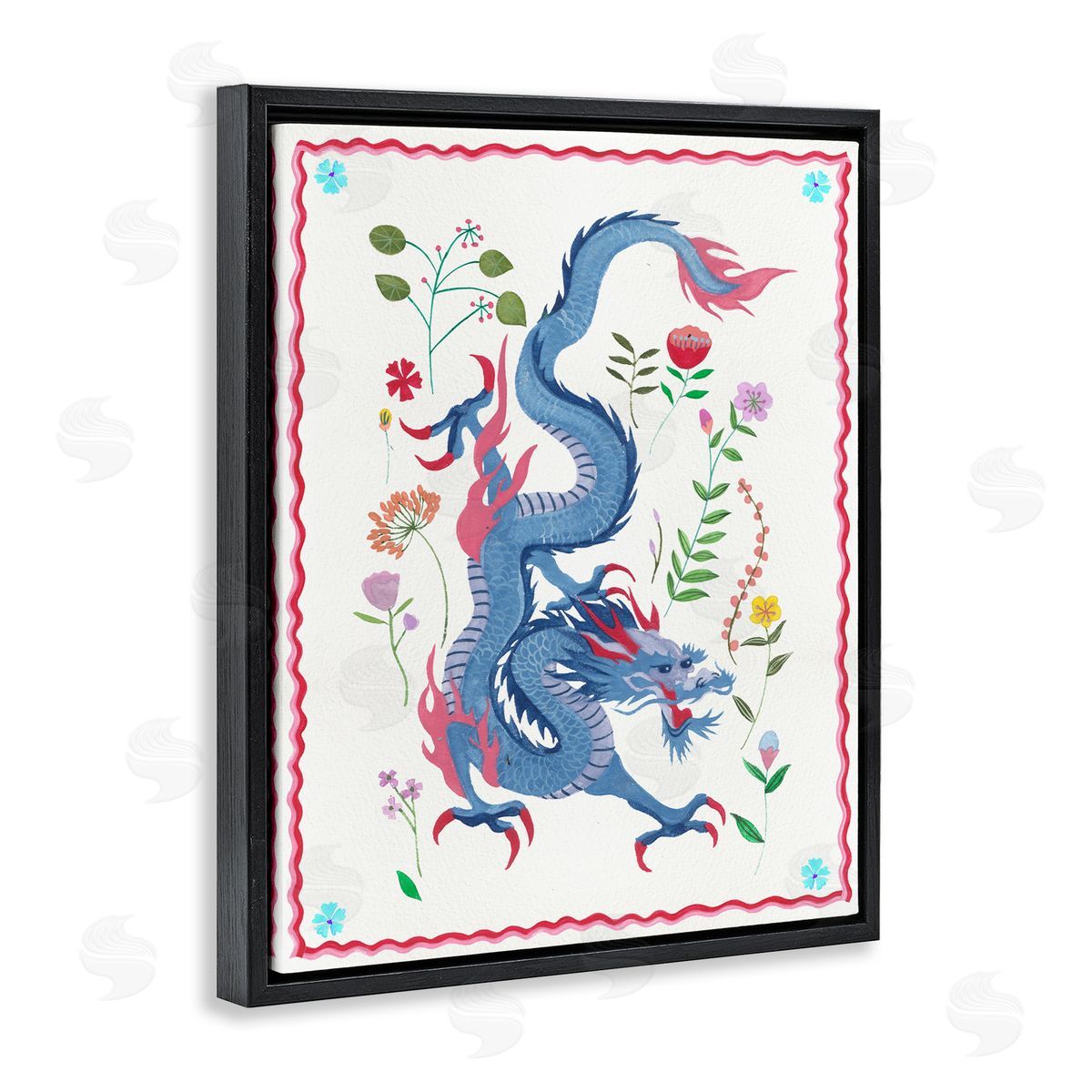 Cultural Dragon & Plants Black Floating Frame Canvas Wall Art, Home Decor by Melissa Wang