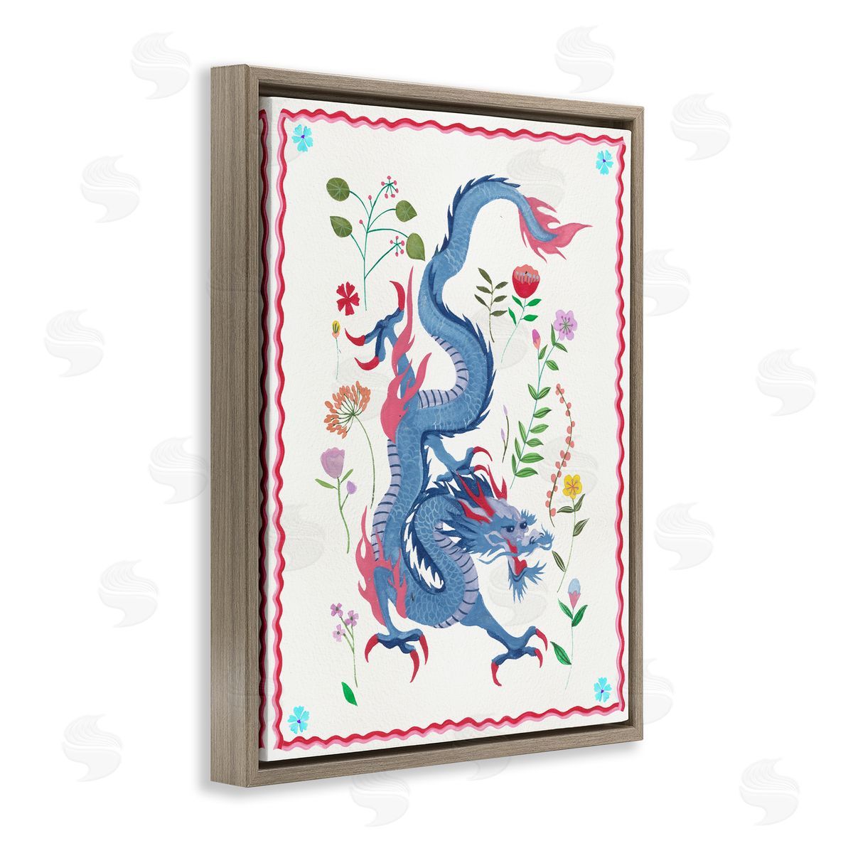 Cultural Dragon & Plants Brown Floating Frame Canvas Wall Art, Home Decor by Melissa Wang