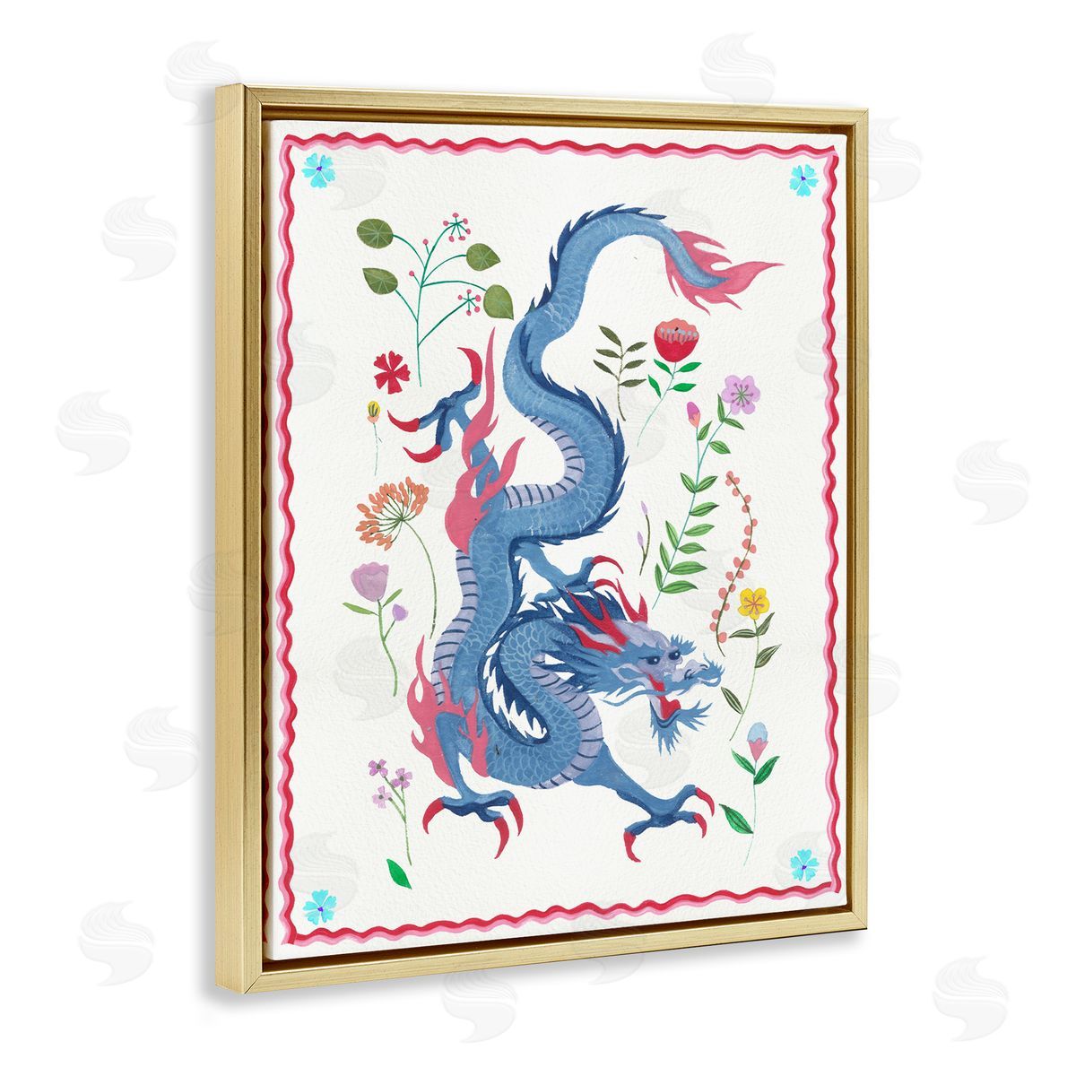 Cultural Dragon & Plants Gold Floating Frame Canvas Wall Art, Home Decor by Melissa Wang
