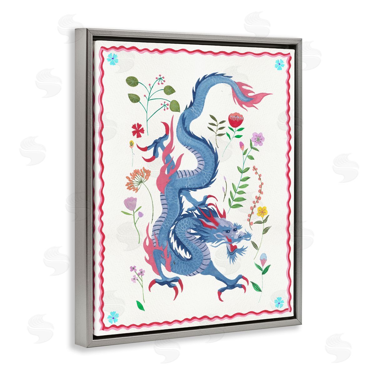 Cultural Dragon & Plants Grey Floating Frame Canvas Wall Art, Home Decor by Melissa Wang