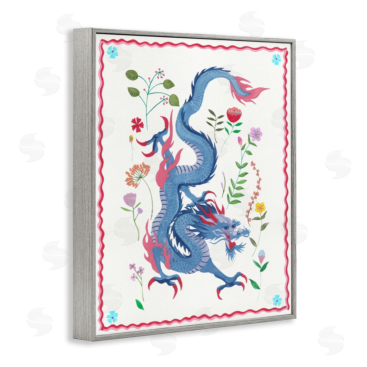 Cultural Dragon & Plants Grey Frame Print Wall Art, Home Decor by Melissa Wang