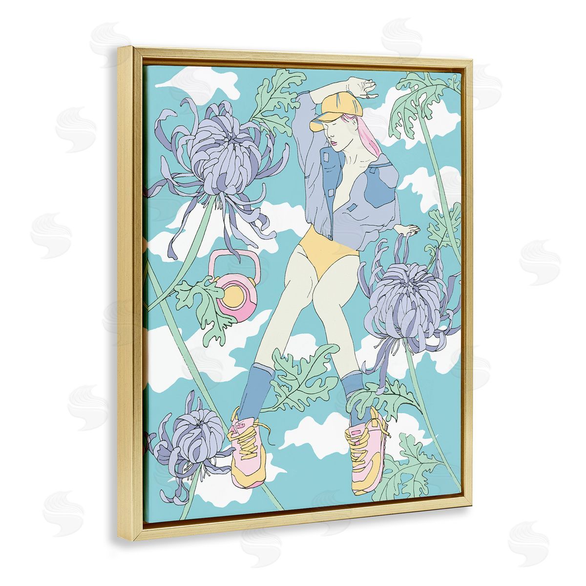 Weight Trainer & Chrysanthemums Gold Floating Frame Canvas Wall Art, Home Decor by Melissa Wang