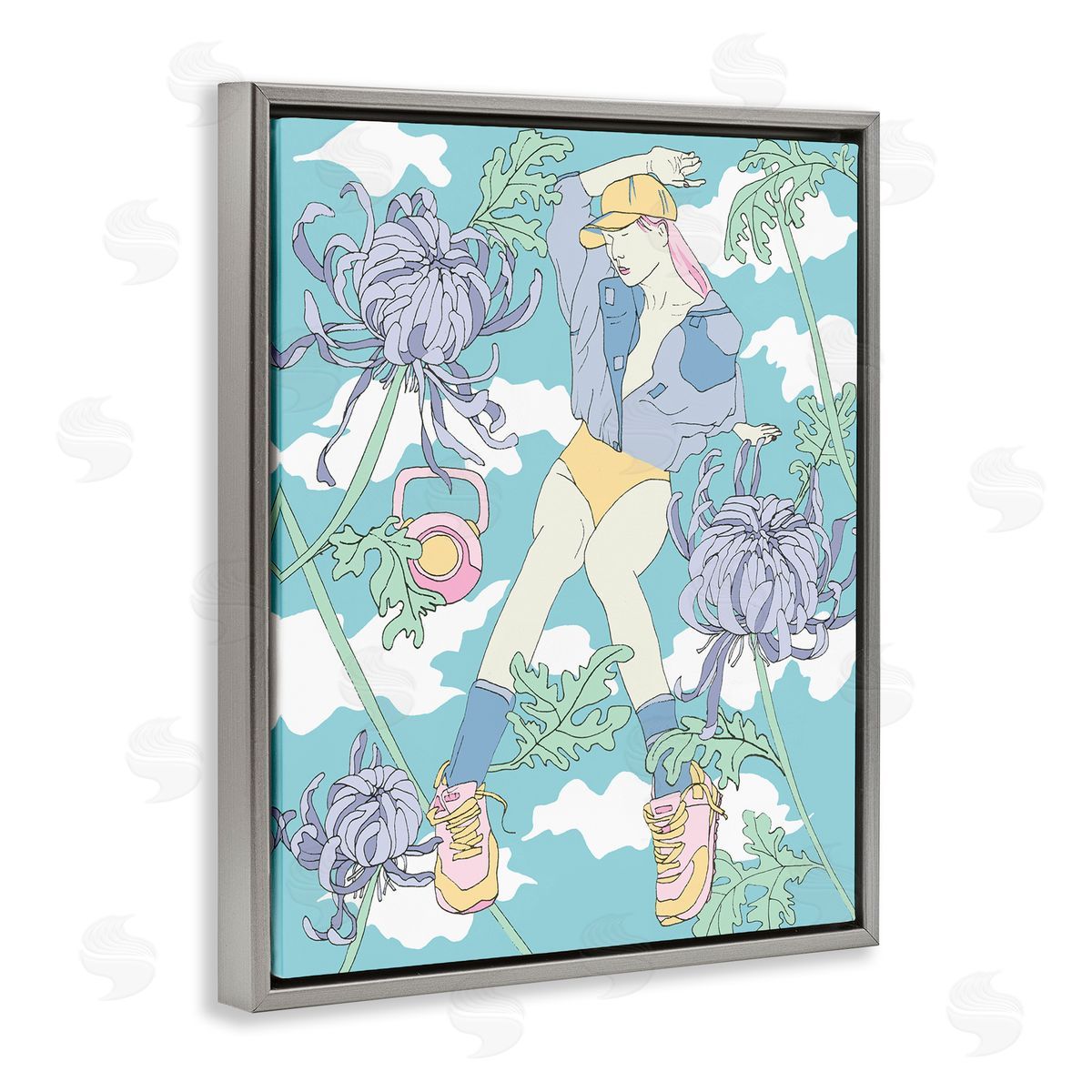 Weight Trainer & Chrysanthemums Grey Floating Frame Canvas Wall Art, Home Decor by Melissa Wang