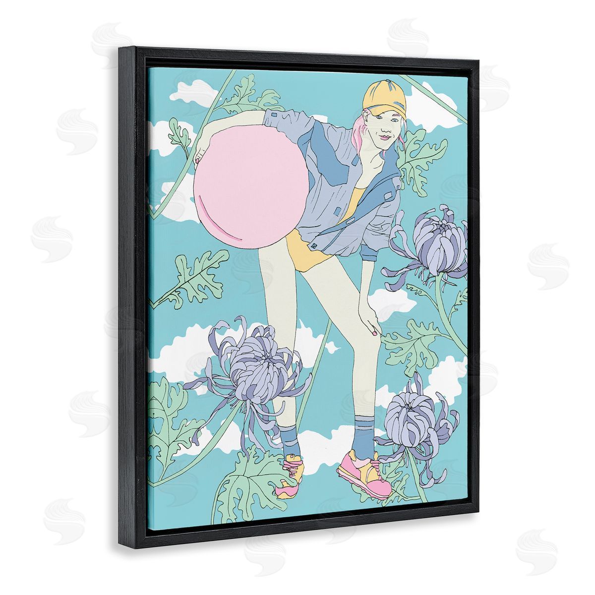 Pastel Exercise Ball Girl Black Floating Frame Canvas Wall Art, Home Decor by Melissa Wang