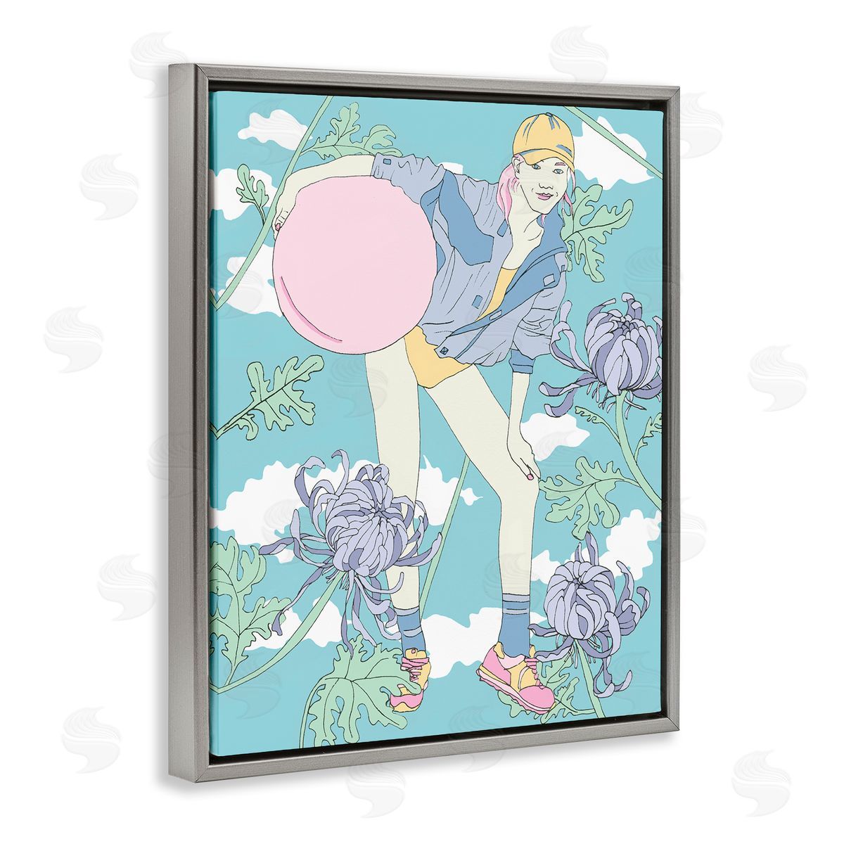 Pastel Exercise Ball Girl Grey Floating Frame Canvas Wall Art, Home Decor by Melissa Wang