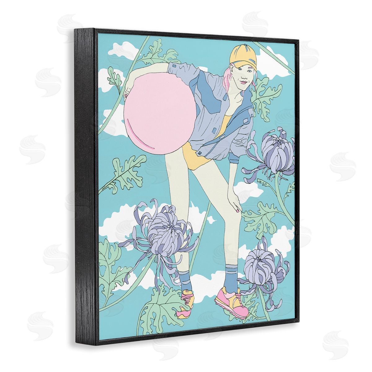 Pastel Exercise Ball Girl Black Frame Print Wall Art, Home Decor by Melissa Wang