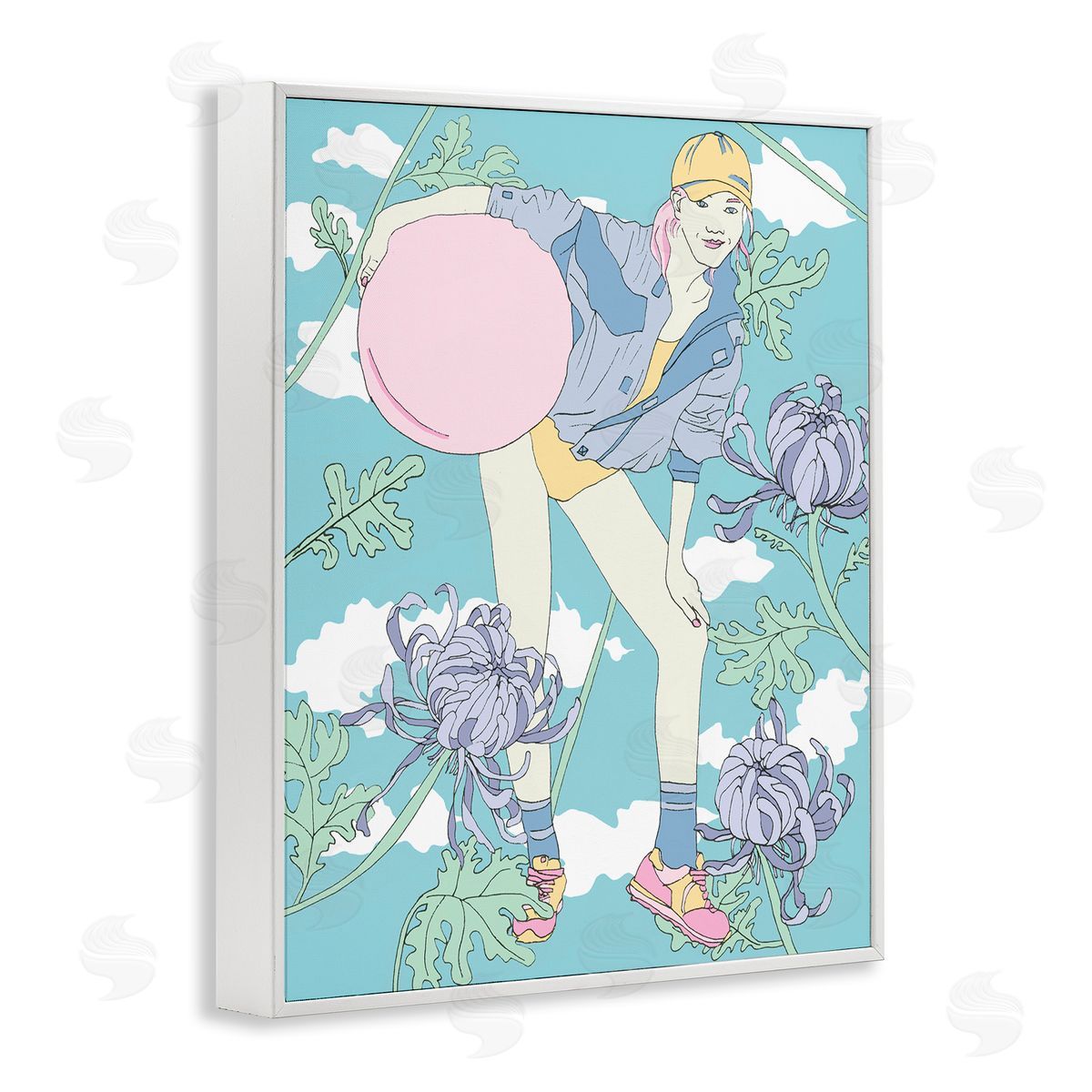Pastel Exercise Ball Girl White Frame Print Wall Art, Home Decor by Melissa Wang