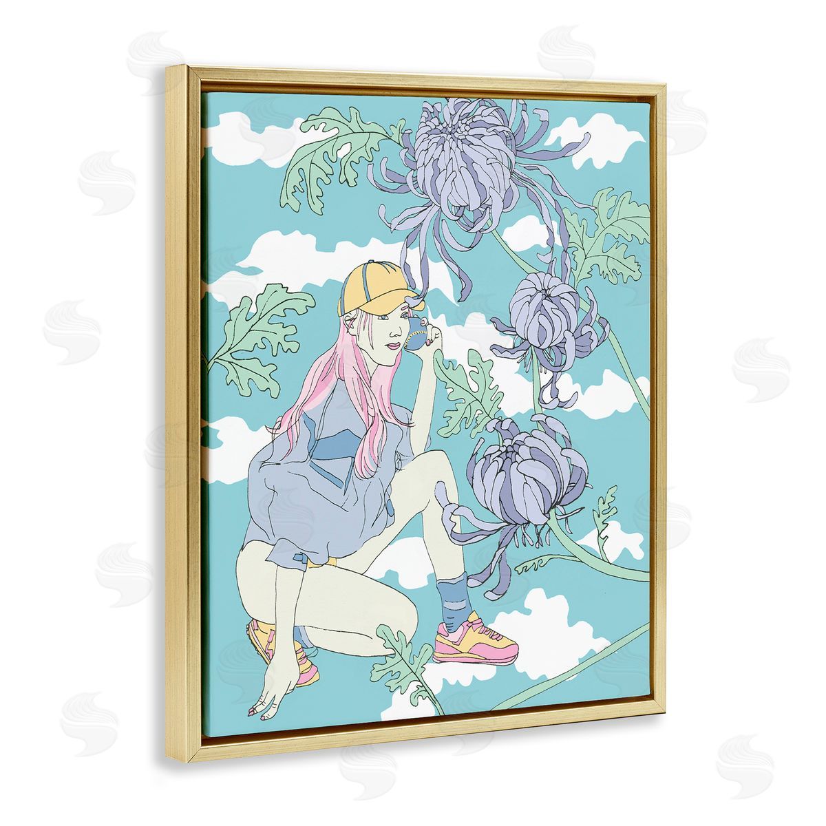 Chrysanthemums & Workout Girl Gold Floating Frame Canvas Wall Art, Home Decor by Melissa Wang