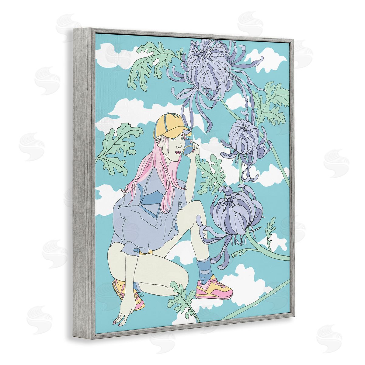 Chrysanthemums & Workout Girl Grey Frame Print Wall Art, Home Decor by Melissa Wang