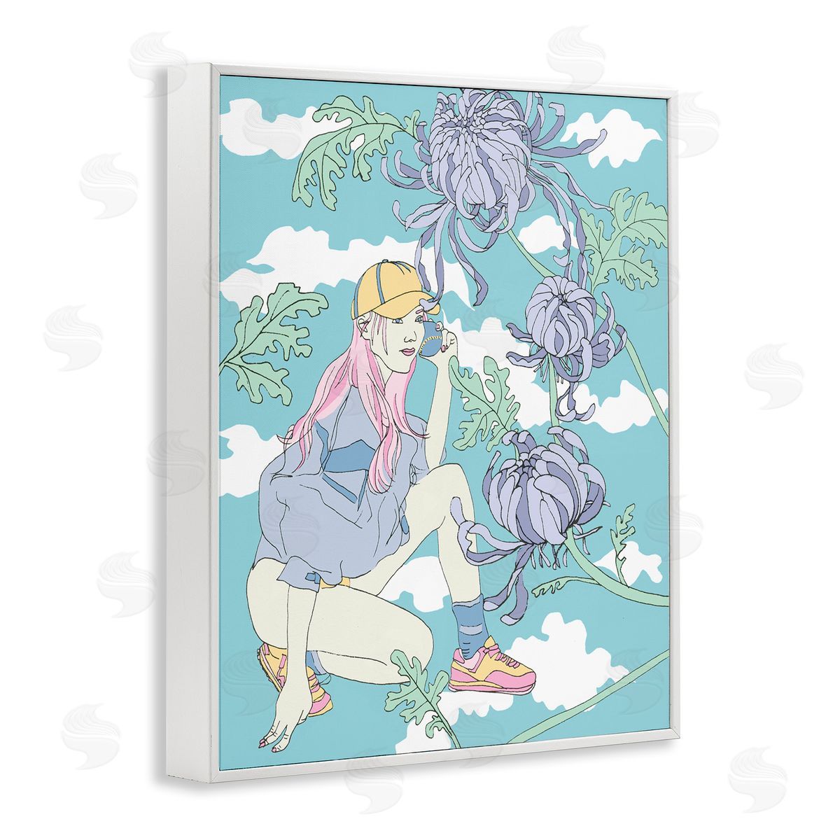 Chrysanthemums & Workout Girl White Frame Print Wall Art, Home Decor by Melissa Wang