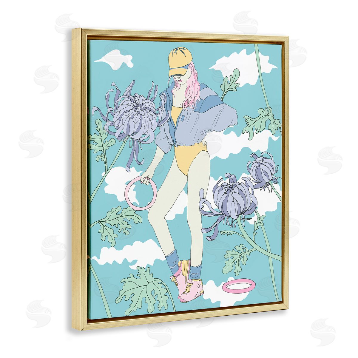 Exercise Girl with Clouds Gold Floating Frame Canvas Wall Art, Home Decor by Melissa Wang