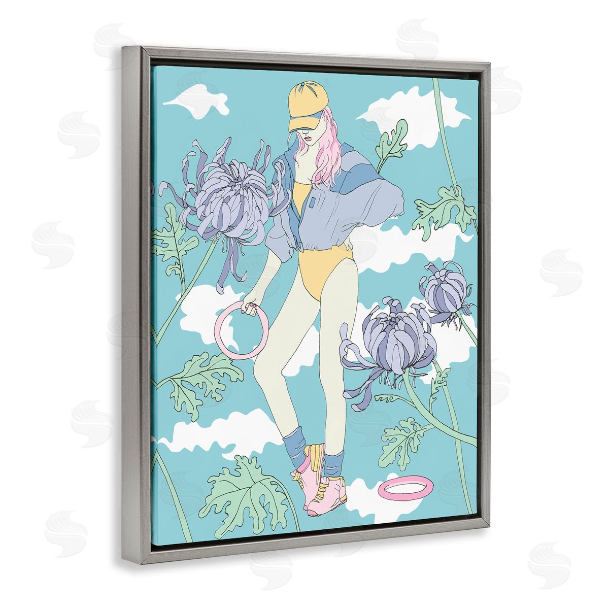 Exercise Girl with Clouds Grey Floating Frame Canvas Wall Art, Home Decor by Melissa Wang