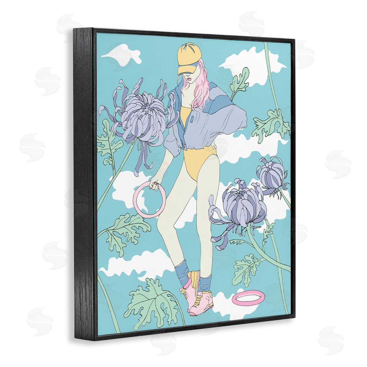 Exercise Girl with Clouds Black Frame Print Wall Art, Home Decor by Melissa Wang